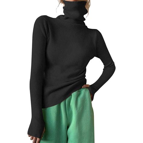 Women Turtleneck Ribbed Knit Sweater Top Thumb Hole Long Sleeve Neck