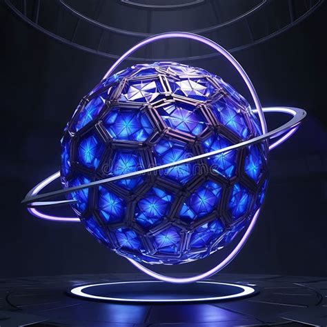 Glowing 3d Sphere With Metallic Polygons And Sci Fi Rotating Rings