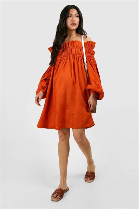 Maternity Linen Frill Off The Shoulder Mini Smock Dress Boohoo