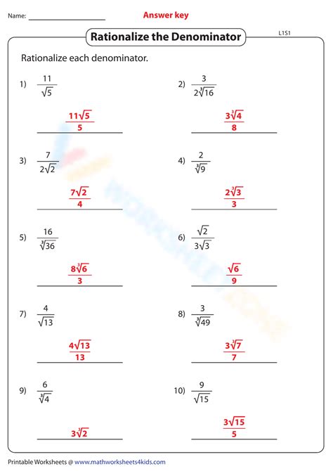 Free Printable Rationalizing The Denominator Worksheets Worksheets