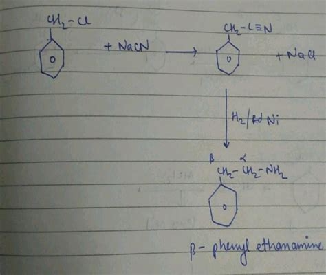 The reaction of the benzyl chloride with sodium cyanide followed by ...