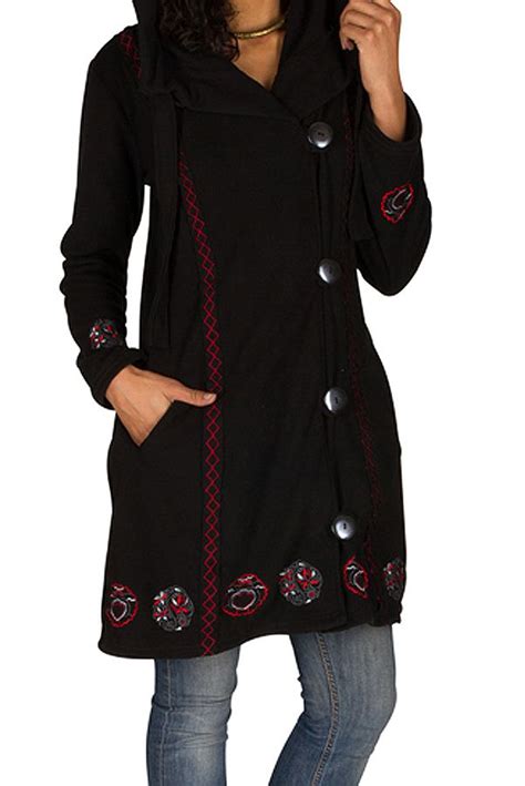 Manteau Long Polaire Fantaisie Boutons Et Capuche Noir Rouge Larina