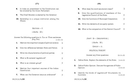 Meghalaya Board Mbose Class 11 Question Paper For Political Science