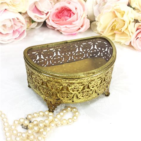 Vintage Matson Ormolu Filigree 24 Kt Gold Plated Vanity Box Beveled Glass Top Jewlery Box