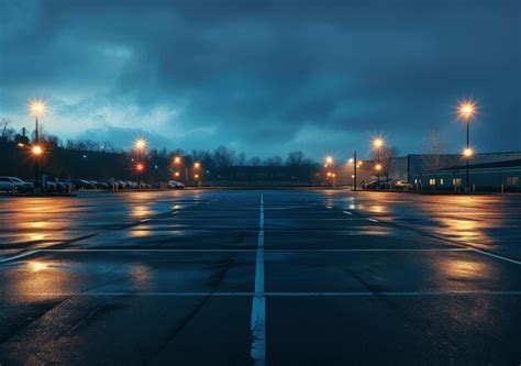 Night view of an empty parking lot with street lights on | Premium AI-generated image