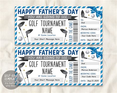 Fathers Day Golf Tournament Gift Ticket Editable Template Golfing Golf