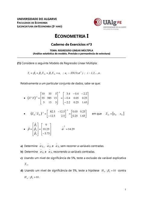 6 Caderno de exercícios nº3 Econometria I Ualg Studocu