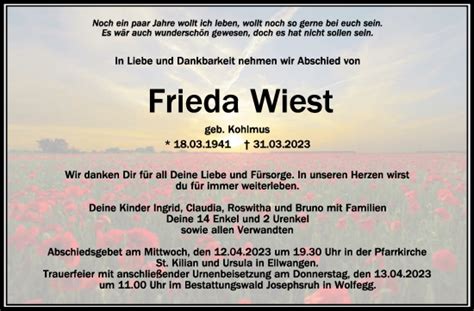 Traueranzeigen Von Frieda Wiest Schwaebische De Trauerportal