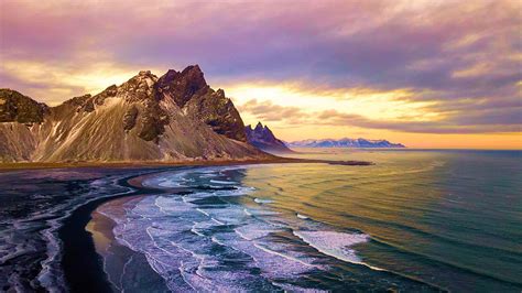 Vestrahorn Mountain Iceland Sky Rocks Sea Landscape Clouds