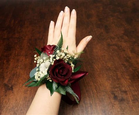 Burgundy Roses Wrist Corsage Woodland Boho Wedding Mother Real Flowers