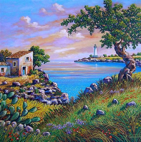 A Painting Of A House By The Ocean With A Lighthouse In The Distance