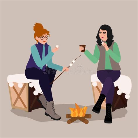 Young Women Cook Marshmallow Sitting By Fire Stock Vector