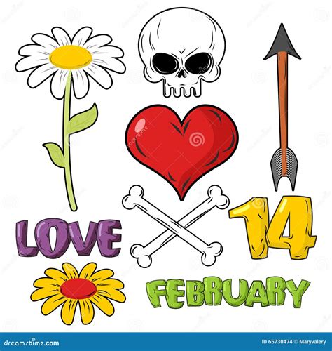 Set For Valentines Day Skull And Heart Love And 14 February Stock