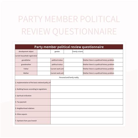 Party Member Political Review Questionnaire Excel Template And Google