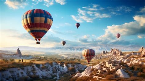 Premium Photo A Hot Air Balloon Over The Strange Landscape Of Kapadokya