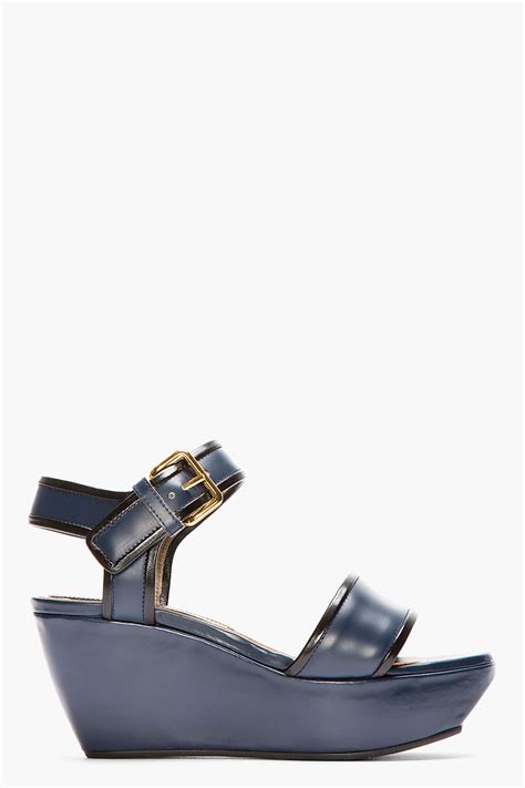 Lyst Marni Navy Leather Wedge Sandals In Blue