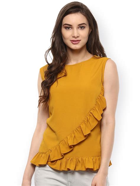 Buy Zima Leto Women Mustard Yellow Solid Top With Ruffled Detail Tops