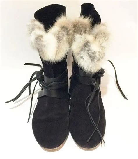 Real Rabbit Fur Women Leather Straps Lace Up Snow Boots Black Suede