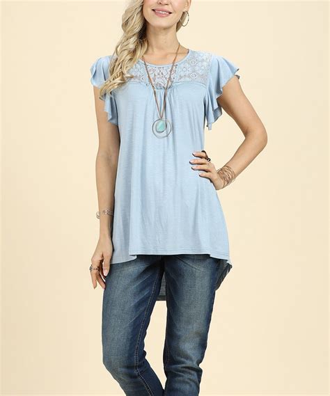 Suzanne Betro Pale Blue Lace Yoke Flutter Sleeve Tunic Women Womens