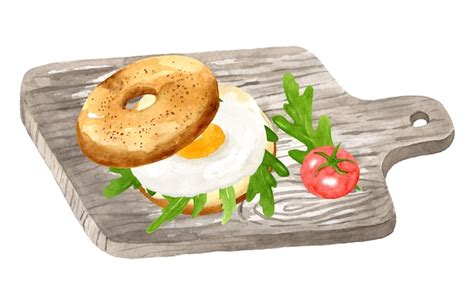 Sanduíche de bagel aquarela tomate ovo e ervas na tábua delicioso