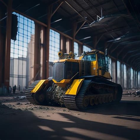 Premium Photo A Large Yellow Bulldozer Is In A Warehouse With A Large