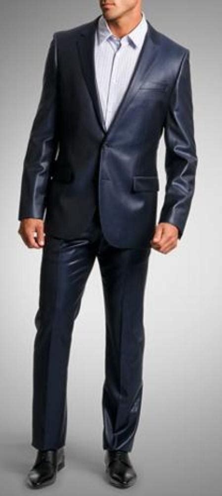 Skuvf2008 Shiny Sharkskin Single Breasted Mens Suit Side Vented Navy