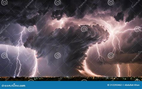 Dramatic And Powerful Tornado Lightning Thunderstorm Over The Night