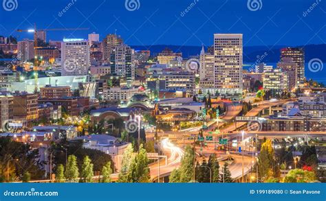 Tacoma, Washington, USA Skyline Stock Photo - Image of lights, evening ...