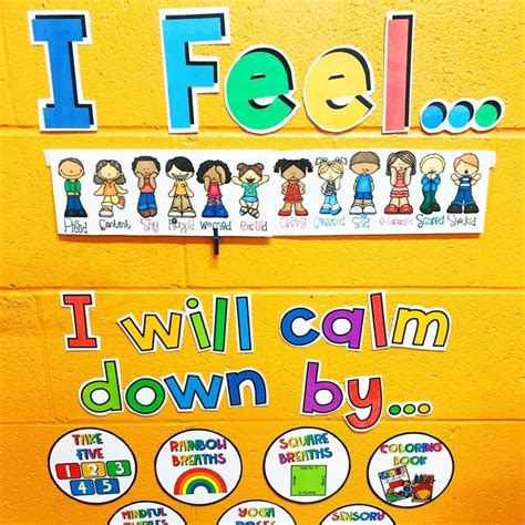 A Bulletin Board With Stickers On It That Says I Will Calm Down By School