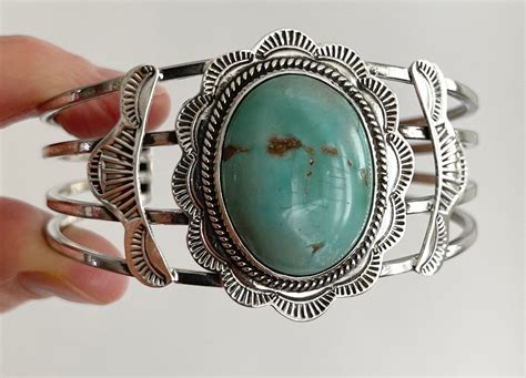 Wide Navajo Turquoise Cuff Bracelet Vintage Native American Sterling