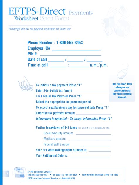 Eftps Payment Worksheet Short Form Printable