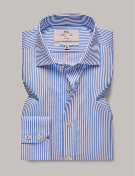 Mens Non Iron Blue And White Bengal Stripe Slim Shirt Windsor Collar