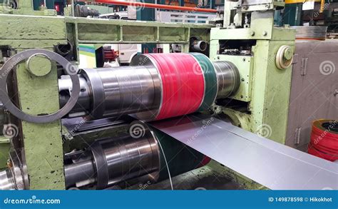 Rolled Steel Sheet Coil Slitting Process In Factory Warehouse, Coil Center Stock Photography ...