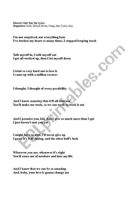 English Worksheets Song Havent Met You Yet By Michael Buble