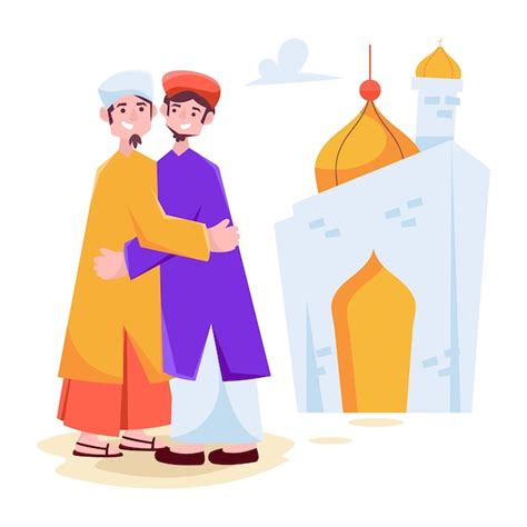 Premium Vector Two Men Hugging In Front Of A Mosque