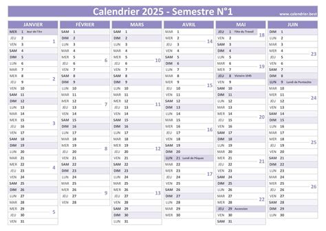 Calendrier semestriel 2025 à imprimer pour le 1er et le 2ème semestre 2025