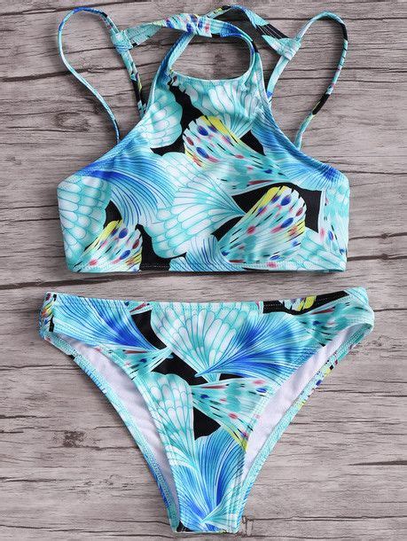 Hot Print Two Piece Bikinis Blue In High Neck Bikini Set High