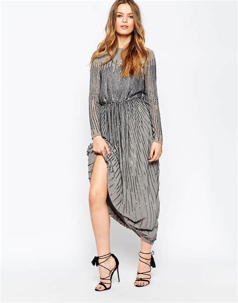 Lyst Asos Linear Sequin Long Sleeve Maxi Dress In Gray