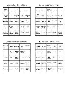 Meteorology Terms Bingo - (100) Different Cards - Just Print, Cut, and ...