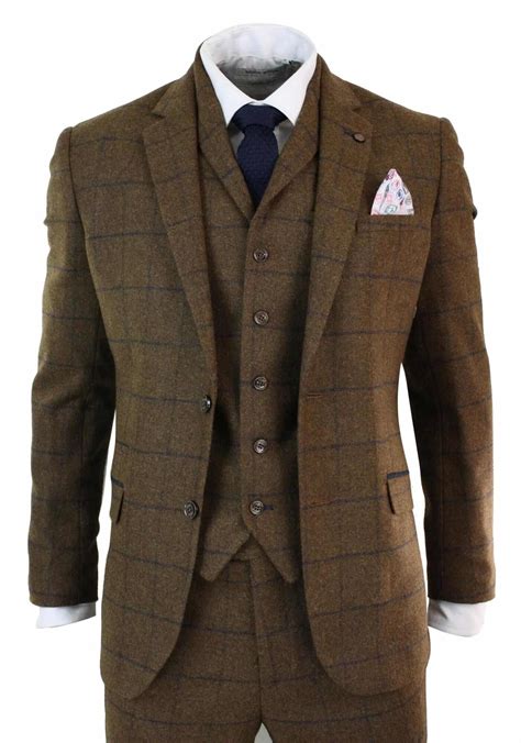 Mens Herringbone Tweed Check Piece Wool Suit Peaky Blinders Tan Brown