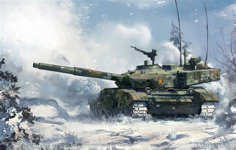 Wallpaper winter, forest, snow, figure, art, tank, combat, Chinese, main, Type 99, ZTZ-99 images ...