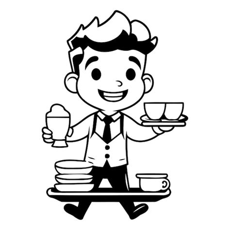 Premium Vector Waiter Holding A Tray With Cups And Saucers Vector