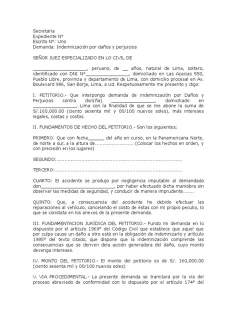 Modelo De Demanda De Indemnización Por Daños Y Perjuicios Lima Demanda Judicial