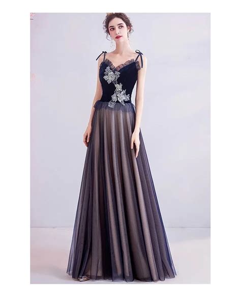 Dark Navy Blue Tulle Aline Prom Dress With Beaded Flowers Wholesale