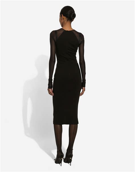 Jersey Calf Length Dress With Tulle Sleeves In Black For Women Dolce