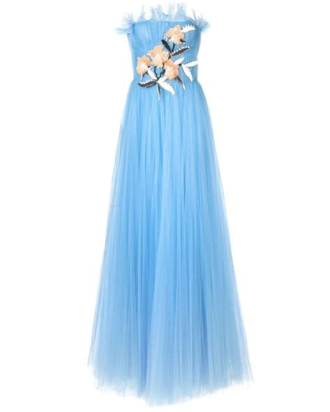 Carolina Herrera Floral Appliqué Tulle Dress In Blue Lyst