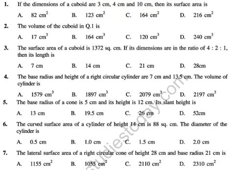 Cbse Class Surface Areas And Volumes Mcqs Set F Multiple Choice