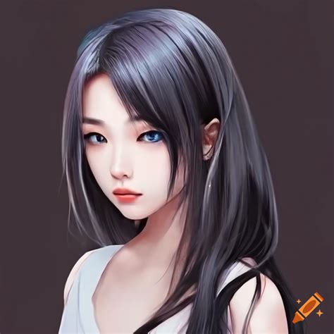 Portrait Of A Beautiful Japanese Woman With Long Black Hair And Blue