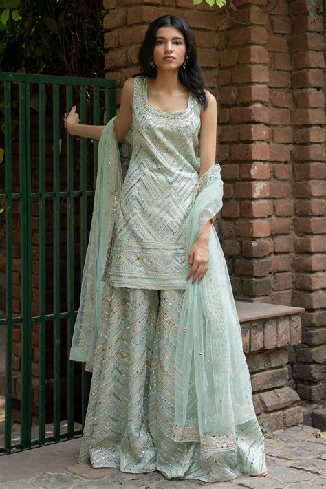 Buy Green Embroidery U Neck Organza Kurta Sharara Set For Women By