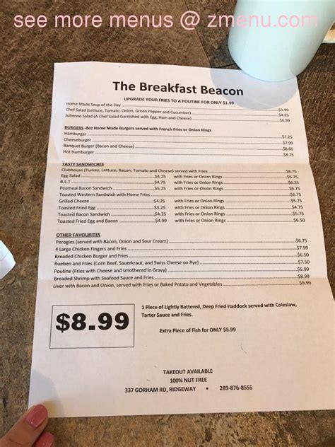 Menu at The Breakfast Beacon restaurant, Fort Erie, 404 Ridgeway Rd